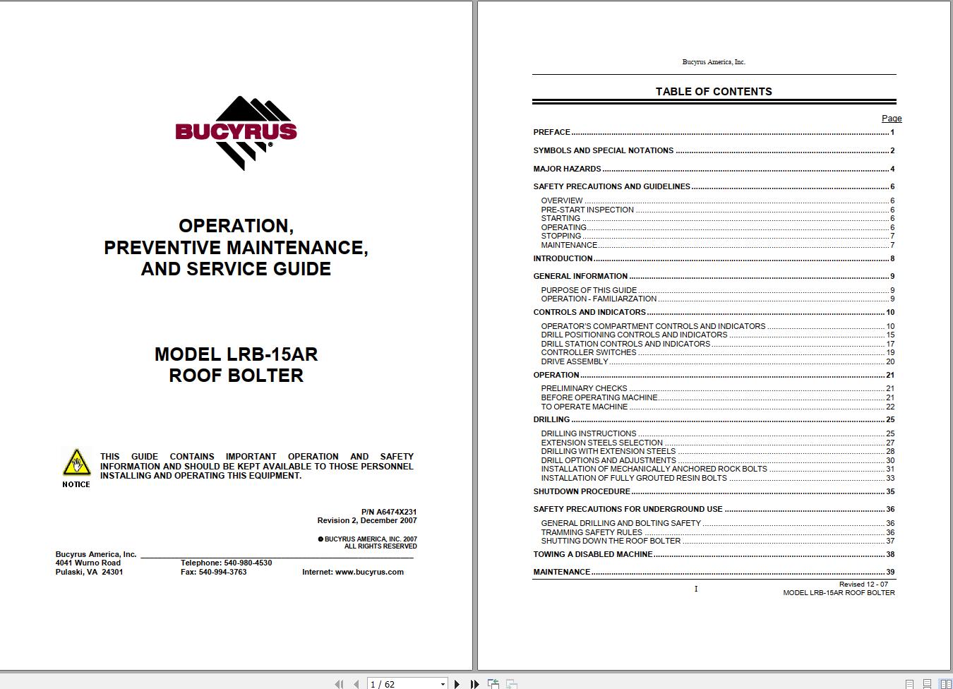 CAT Bucyrus 62 415R Operation And Maintenance Manual BI629499