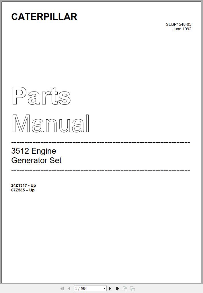 CAT Engine Generator Set 3512 Parts Manual SEBP1548 05 1992