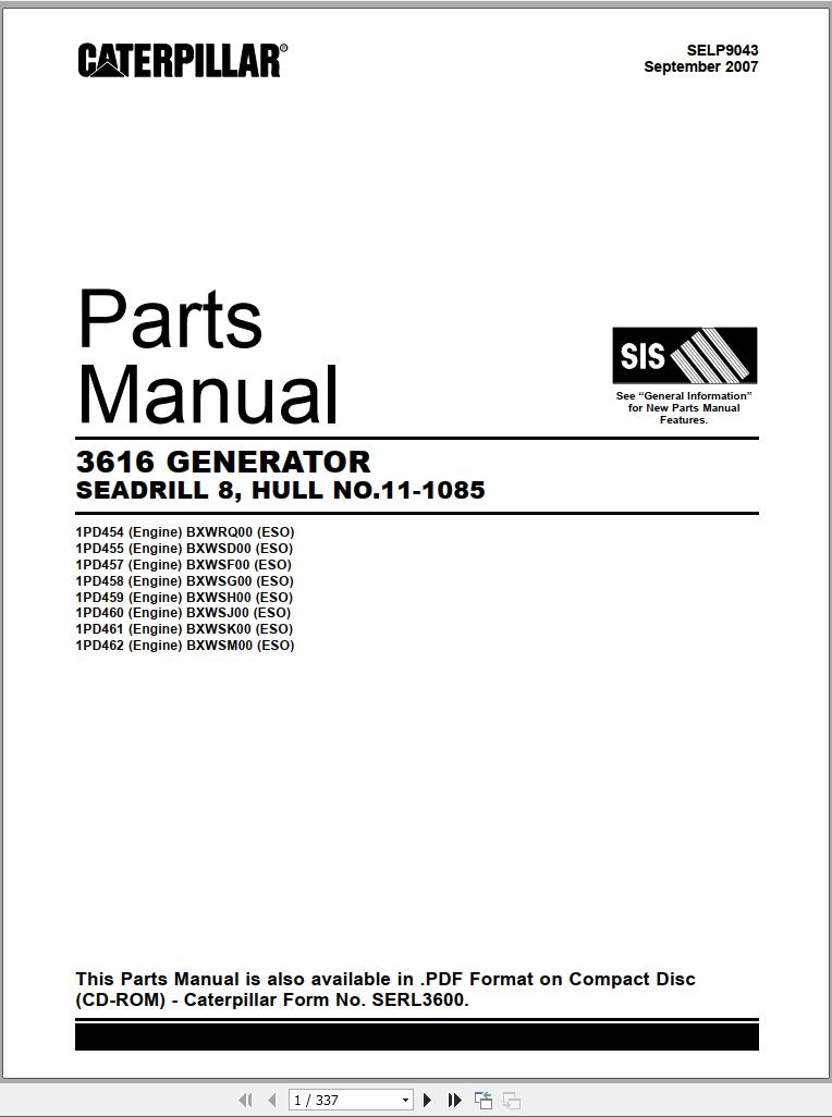 CAT Generator Set 3616 Parts Manual SELP9043 2007