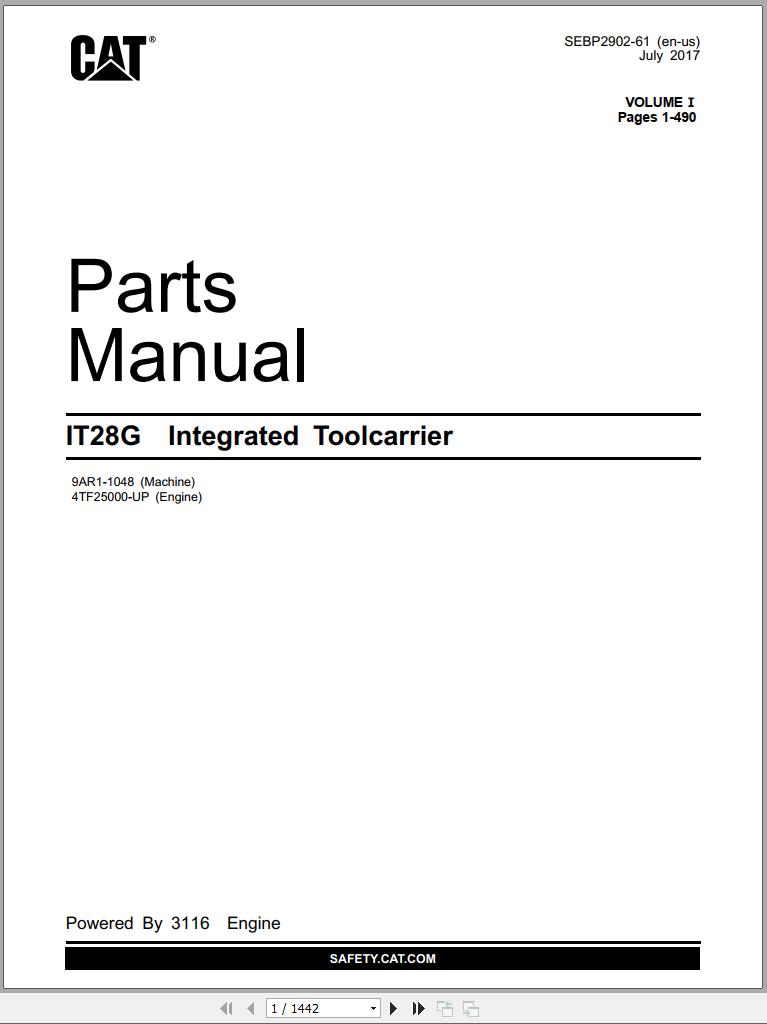 CAT Intergrated Toolcarrier IT28G Parts Manual SEBP2902 61 2017
