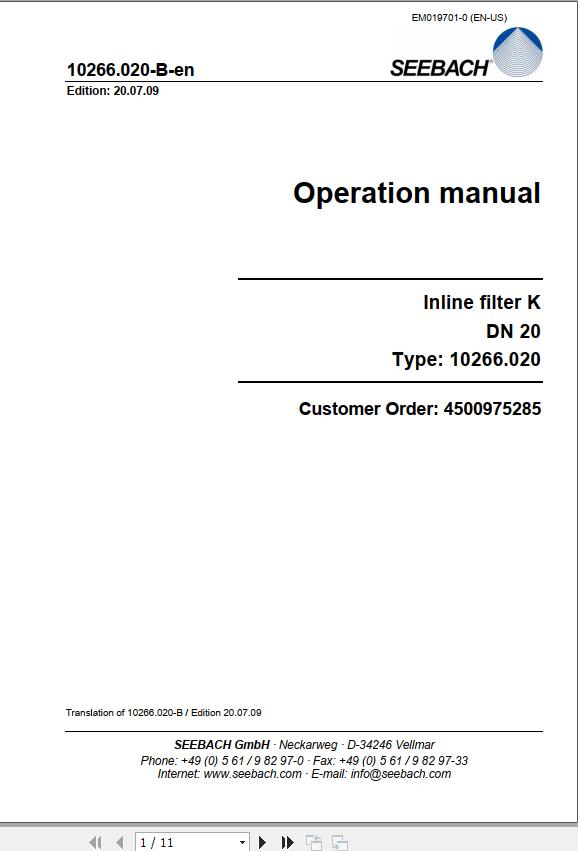 CAT Roof Support RSG SEEBACH INLINE FILTER K Operation And Maintenance Manual EM019701
