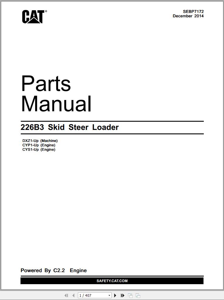 CAT Skid Steer Loader 226B3 Parts Manual SEBP7172 2014