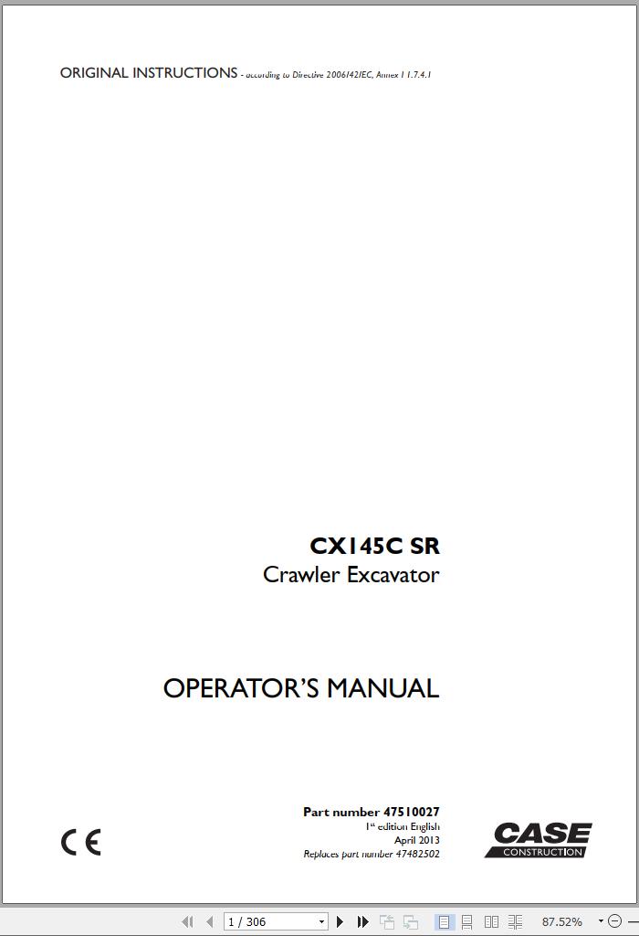 Case Crawler Excavator CX145C SR Operators Manual 04.2013