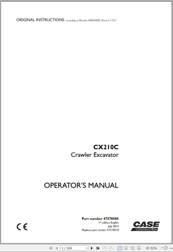 Case Crawler Excavator CX210C Operators Manual 07.2013