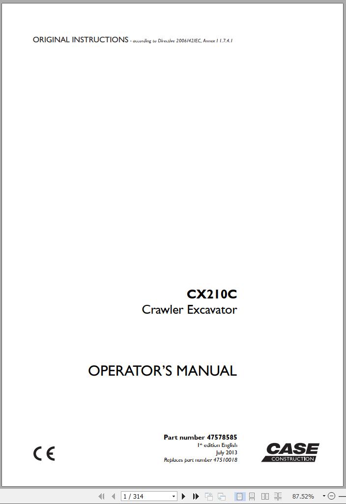 Case Crawler Excavator CX210C Operators Manual 07.2013