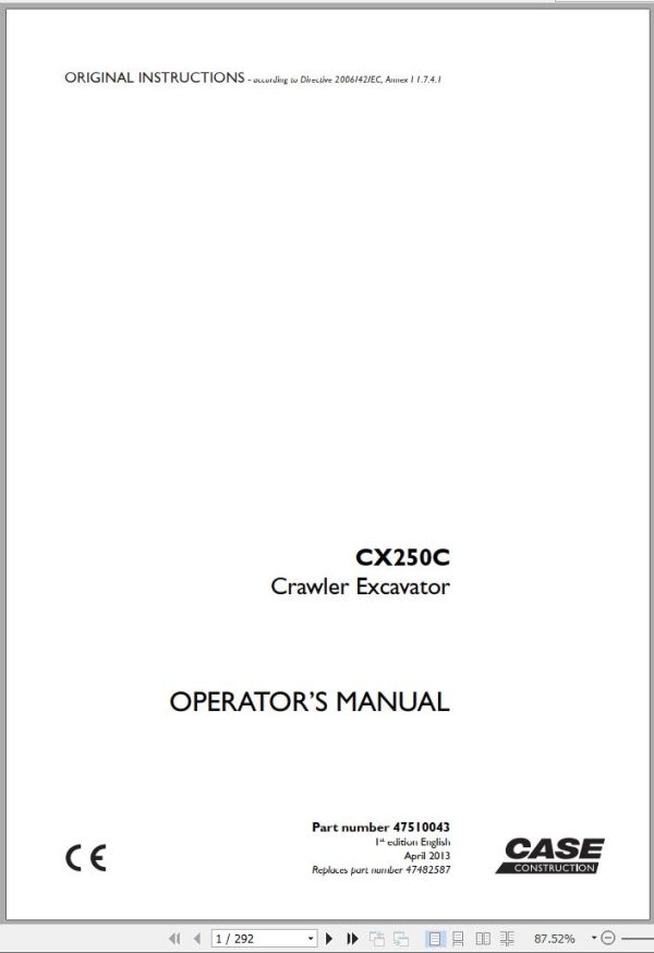 Case Crawler Excavator CX250C Operators Manual 04.2013