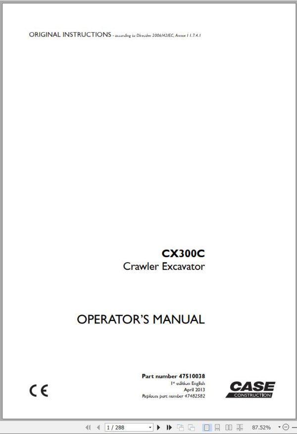 Case Crawler Excavator CX300C Operators Manual 04.2013