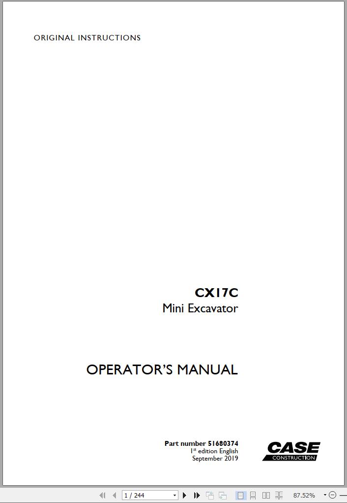 Case Mini Excavator CX17C Operators Manual 09.2019