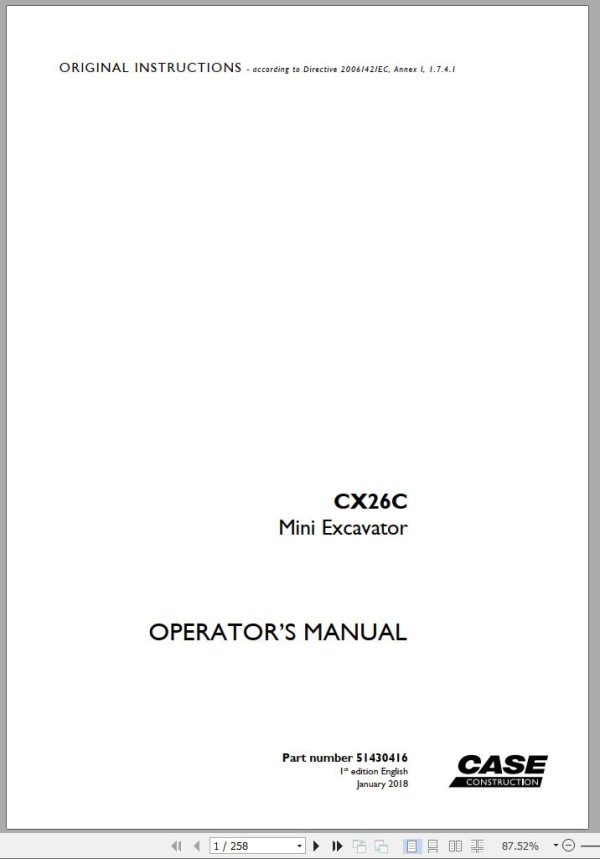 Case Mini Excavator CX26C Operators Manual 01.2018