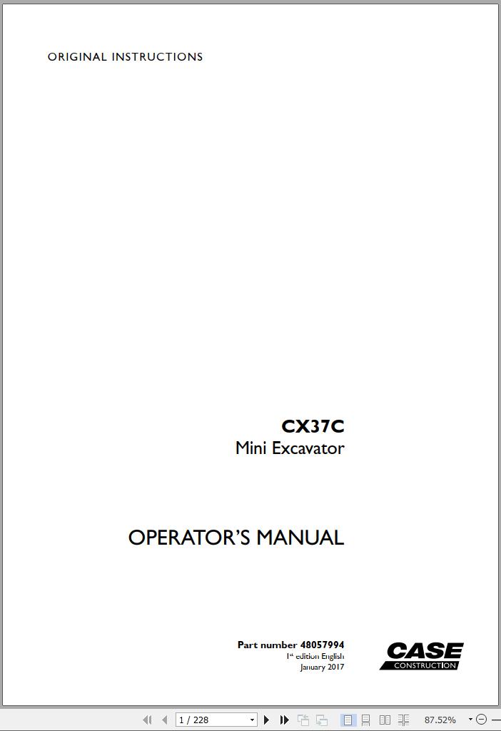 Case Mini Excavator CX37C Operators Manual 01.2017