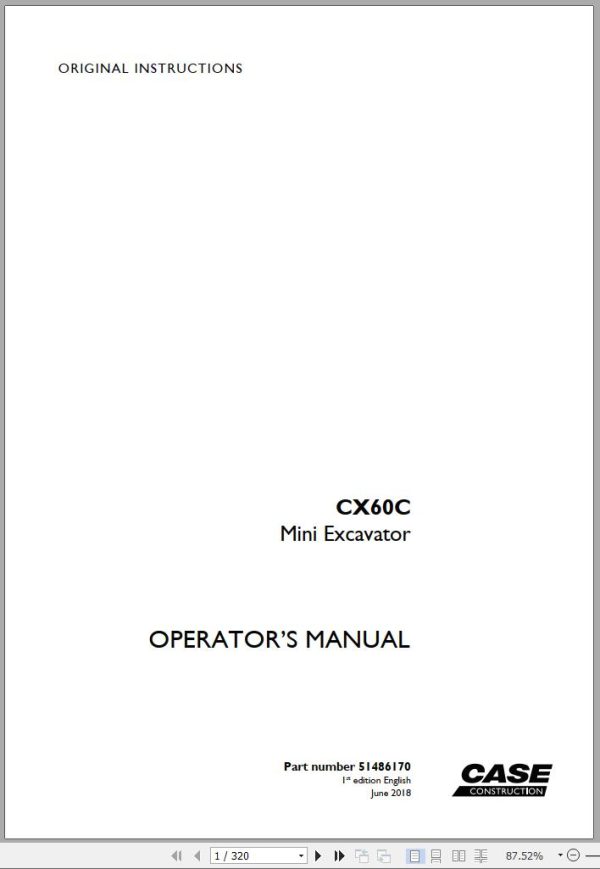 Case Mini Excavator CX60C Operators Manual 06.2018
