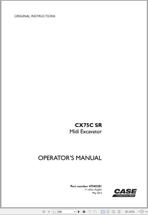 Case Mini Excavator CX75C SR Operators Manual 05.2013