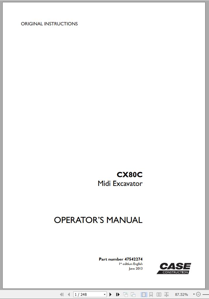 Case Mini Excavator CX80C Operators Manual 06.2013