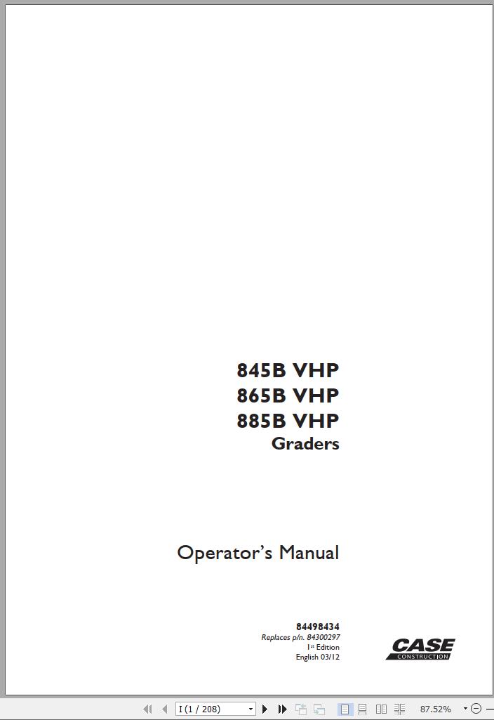 Case Motor Graders 845B 865B 885B VHP Operators Manual 03.2012
