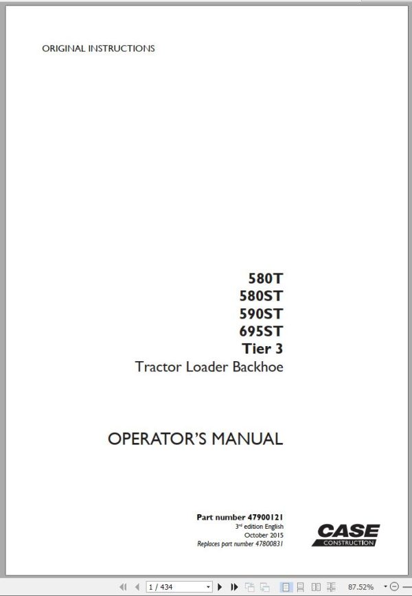 Case Tractor Loader Backhoe 580T 580ST 590ST 695ST Tier 3 Operators Manual 10.2015