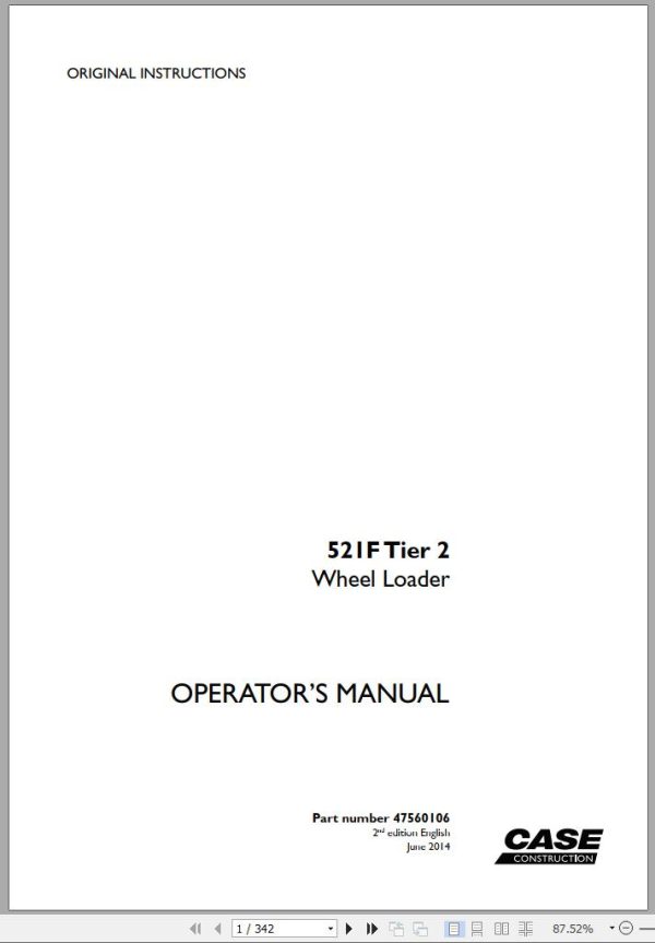 Case Wheel Loader 521F Tier 2 Operators Manual 06.2014