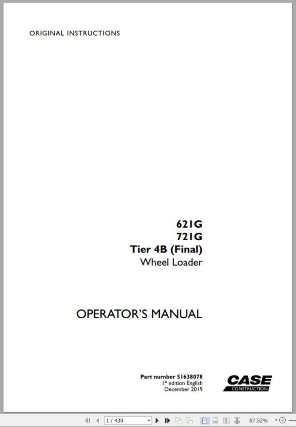 Case Wheel Loader 621G 721G Tier 4B Operators Manual 12.2019