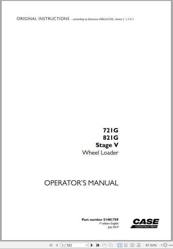 Case Wheel Loader 721G 821G Stage V Operators Manual 07.2019