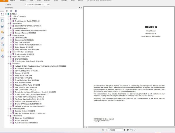 Doosan DX700LC Shop Manual 950106 00013E