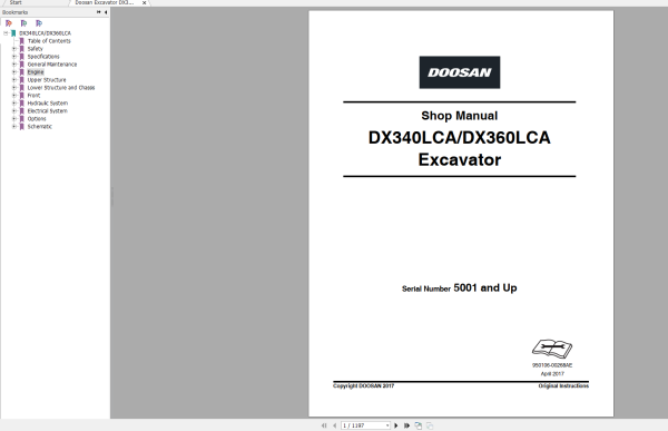Doosan Excavator DX340LCA DX360LCA Shop Manual 5001 and up 2017 1