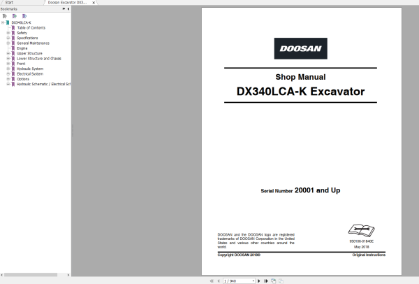 Doosan Excavator DX340LCA K Shop Manual 20001 and up 2018 1
