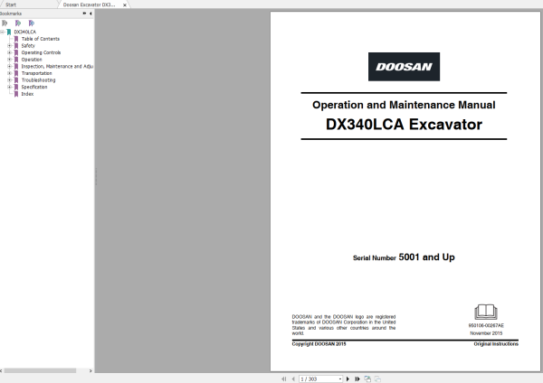 Doosan Excavator DX340LCA Operation and Maintenance Manuals 5001 and up 2015 1