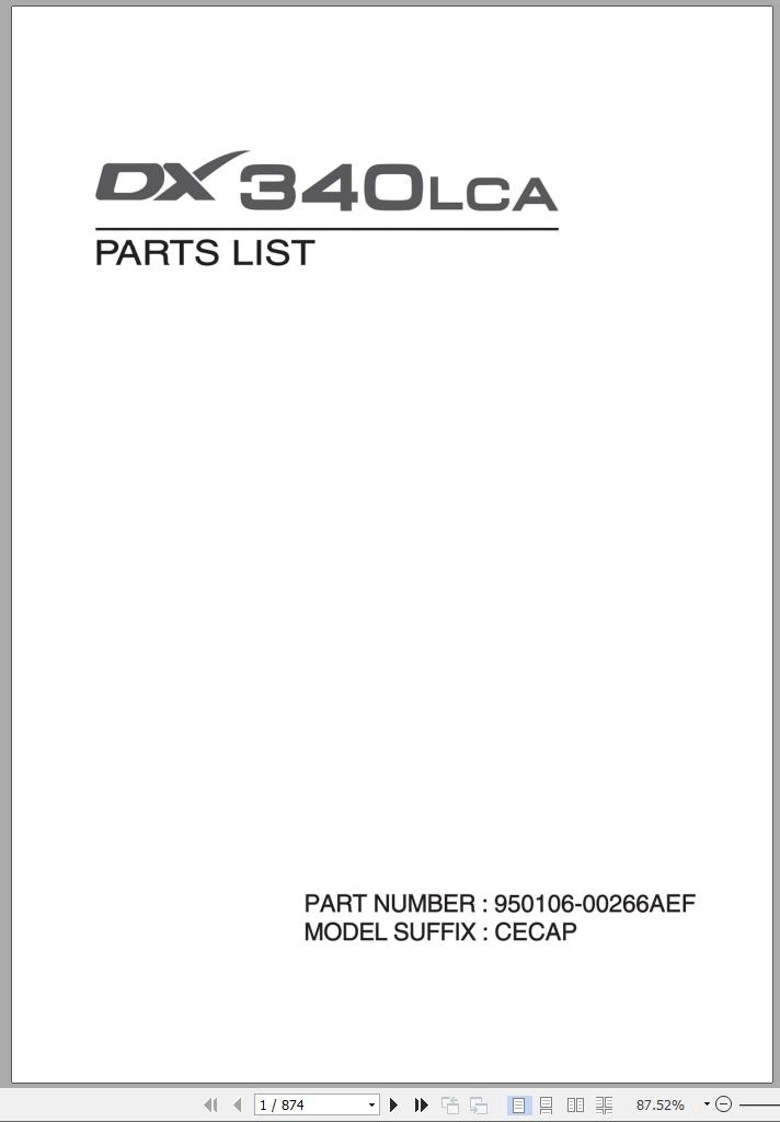 Doosan Excavator DX340LCA Parts List 950106 00266AEF 05.2016