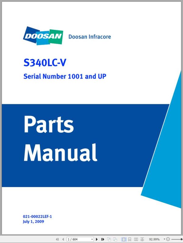 Doosan Excavator S340LC V Parts Manual 1001 and up 021 00022LEF 1 07.2009