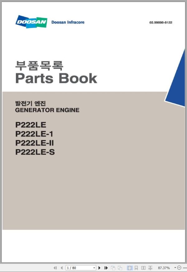 Doosan Generator Engine P22LE P222LE 1 P222LE II P222LE S Parts Book 06.2007 EN KR