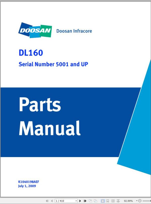 Doosan Infracore DL160 Parts Manual 5001 and up K1040198AEF 07.2009