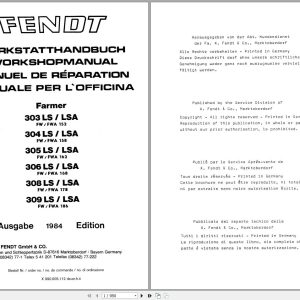 Fendt Tractor Farmer 303 304 305 306 308 309 LS LSA 08.1984 Workshop Manual