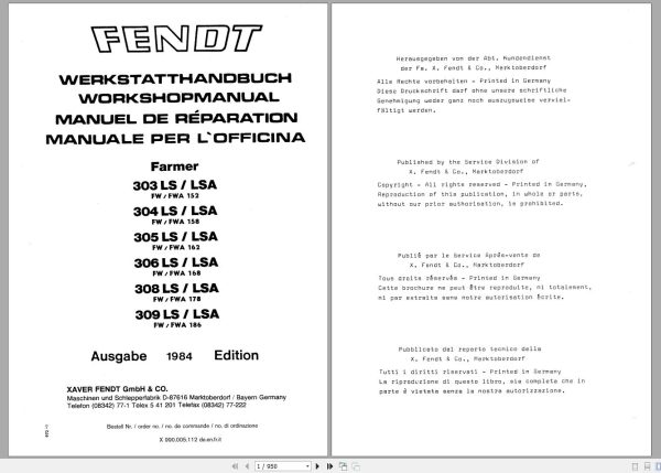 Fendt Tractor Farmer 303 304 305 306 308 309 LS LSA 08.1984 Workshop Manual