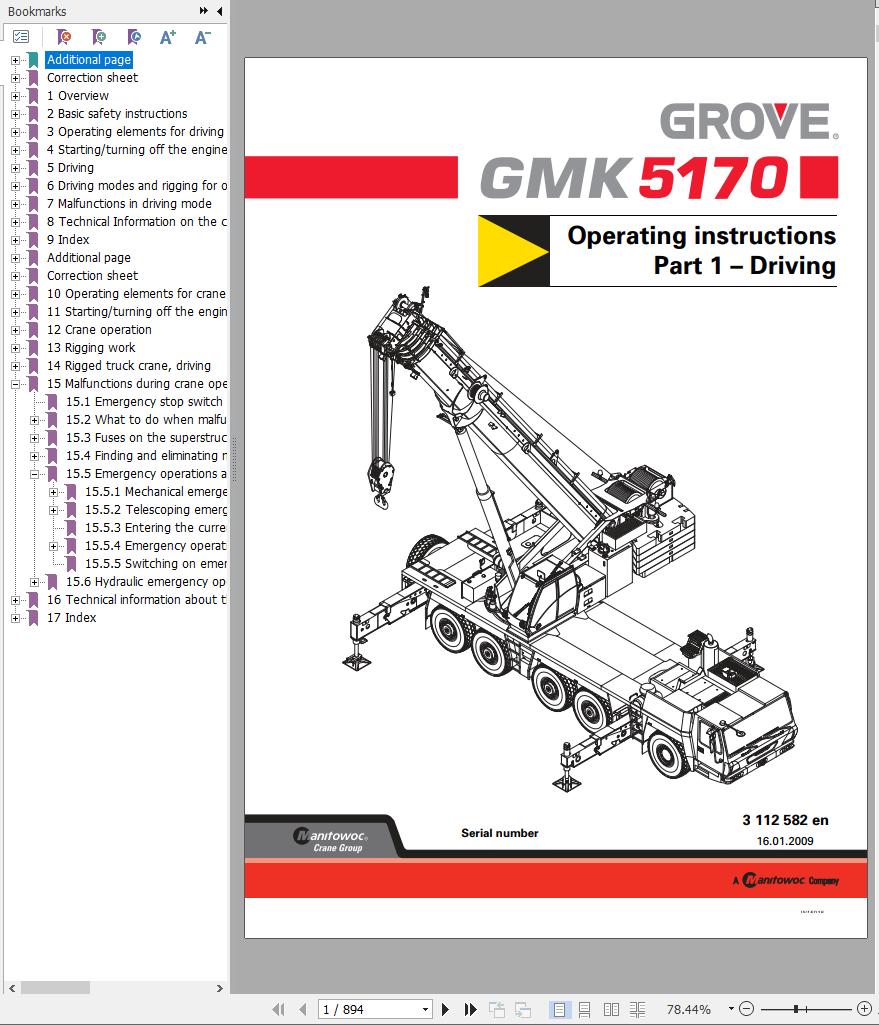Grove Crane GMK 5170 Parts Catalog Schematics Operation and Maintenance Manual EN DE