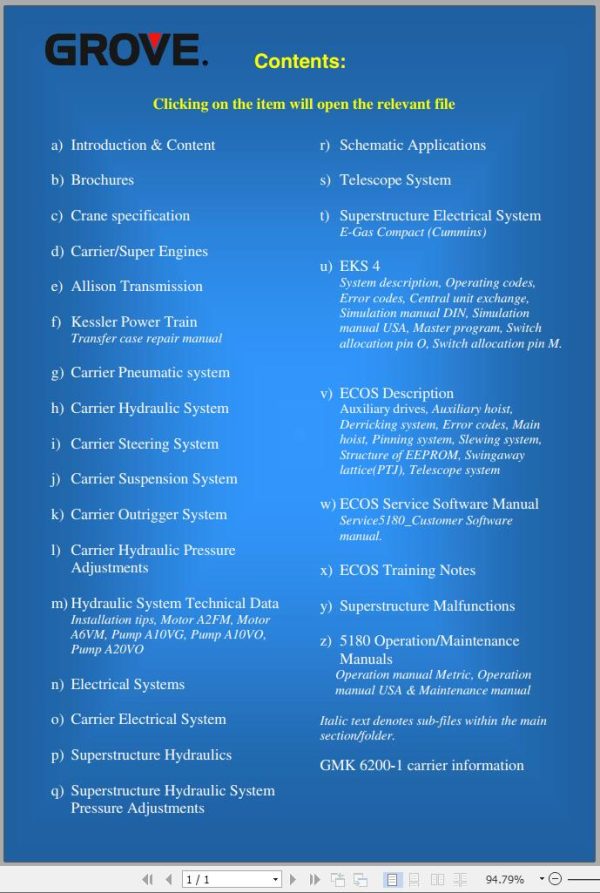 Grove Crane GMK 5180 Parts Catalog Schematics Service Manual Operation and Maintenance Manual EN DE