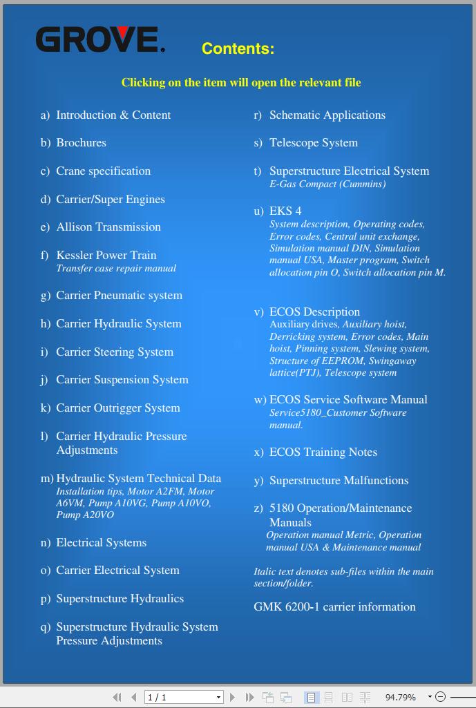 Grove Crane GMK 5180 Parts Catalog Schematics Service Manual Operation and Maintenance Manual EN DE