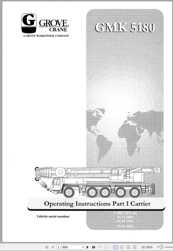Grove Crane GMK 5180 Parts Catalog Schematics Service Manual Operation and Maintenance Manual EN DE 1