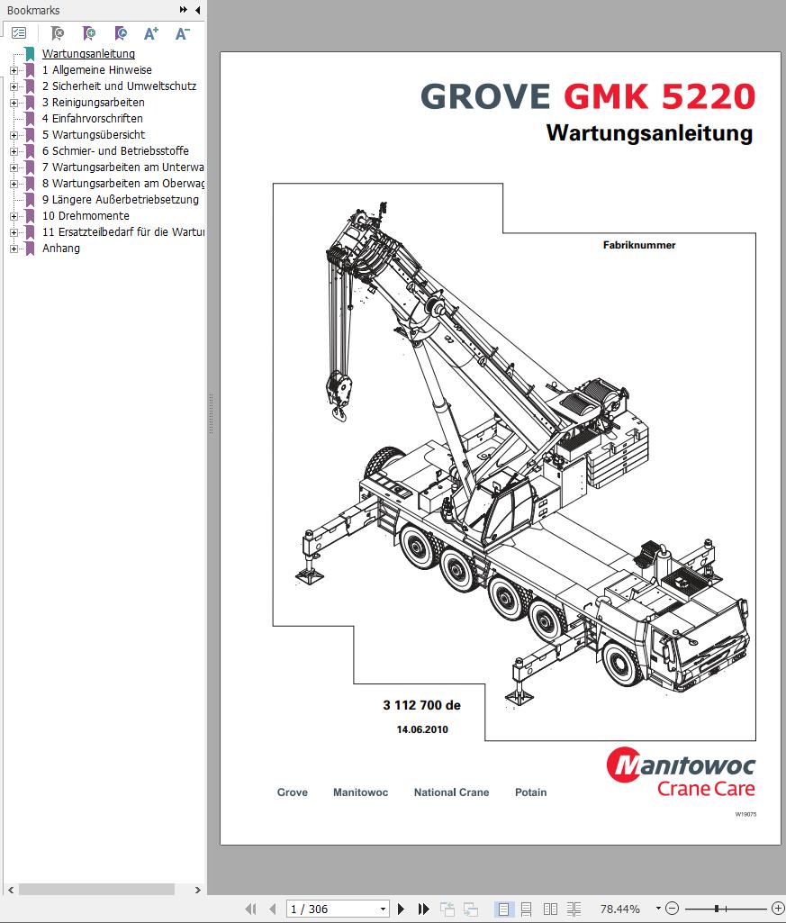 Grove Crane GMK 5220 Parts Catalog Schematics Operation and Maintenance Manual EN DE