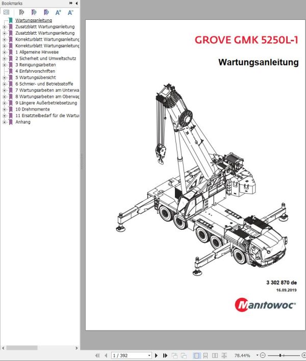 Grove Crane GMK 5250L 1 Parts Catalog Pneumatic Schematic Maintenance Manual EN DE