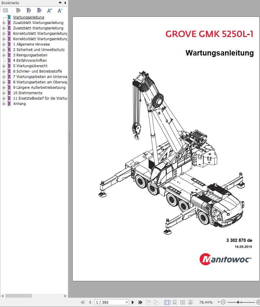 Grove Crane GMK 5250L 1 Parts Catalog Pneumatic Schematic Maintenance Manual EN DE