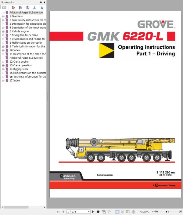 Grove Crane GMK 6220 L Parts Catalog Schematics Operation Manual