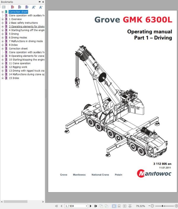 Grove Crane GMK 6300L Parts Catalog Schematics Operation and Maintenance Manual EN DE