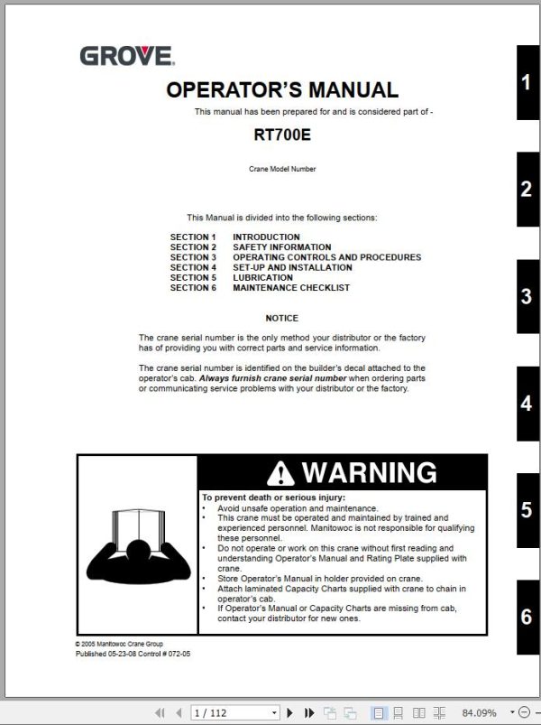 Grove Crane RT700E Parts Operator Manual and Schematic