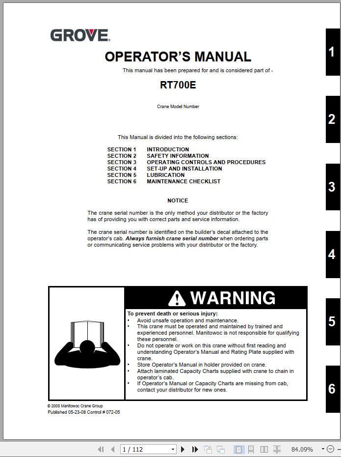 Grove Crane RT700E Parts Operator Manual and Schematic