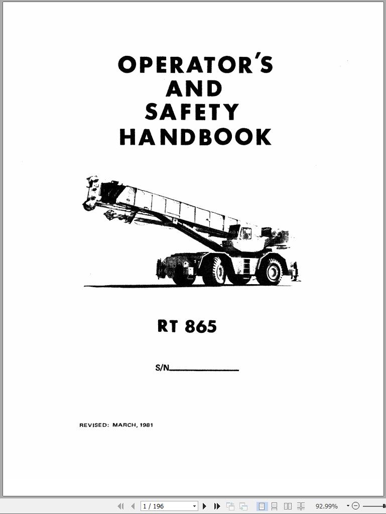 Grove Crane RT860 RT865 Operator Parts Manual and Hydraulic Schematic