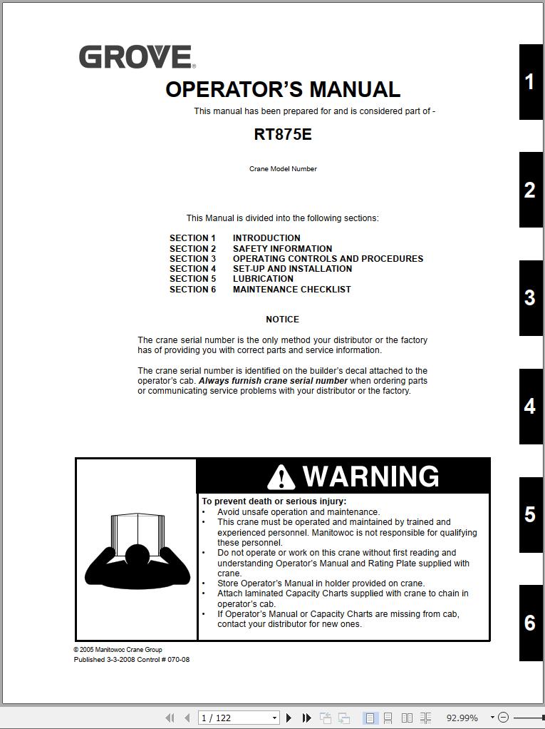 Grove Crane RT875E Operator Manual and Schematic