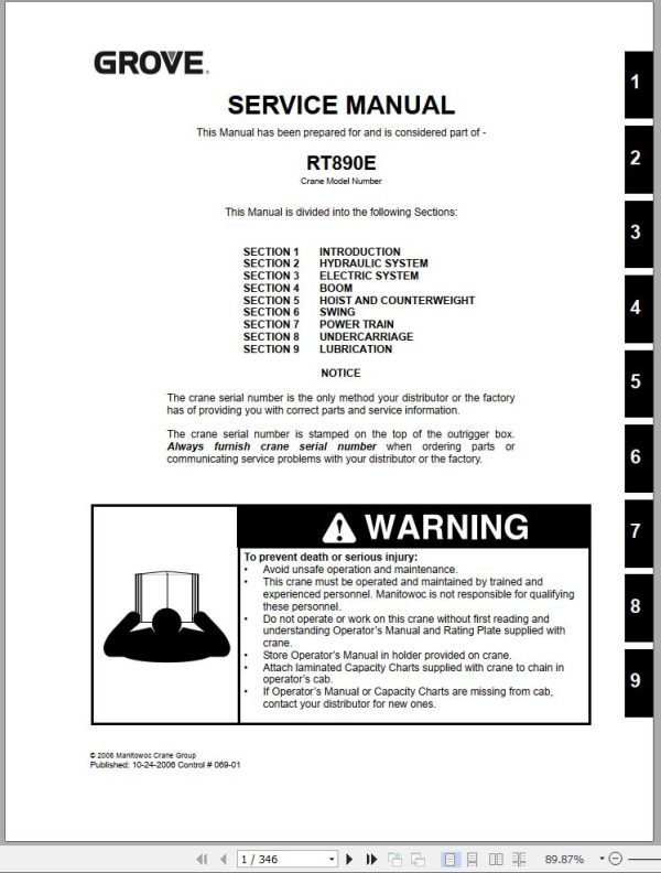 Grove Crane RT890E Service Operator Parts Manual and Schematic 226523 1