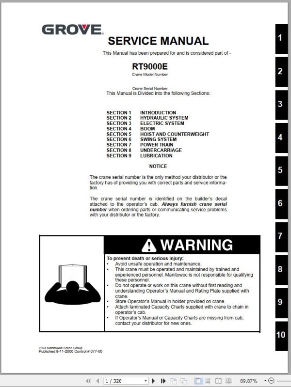 Grove Crane RT9130E Service Operator Parts Manual and Schematic 227121 1