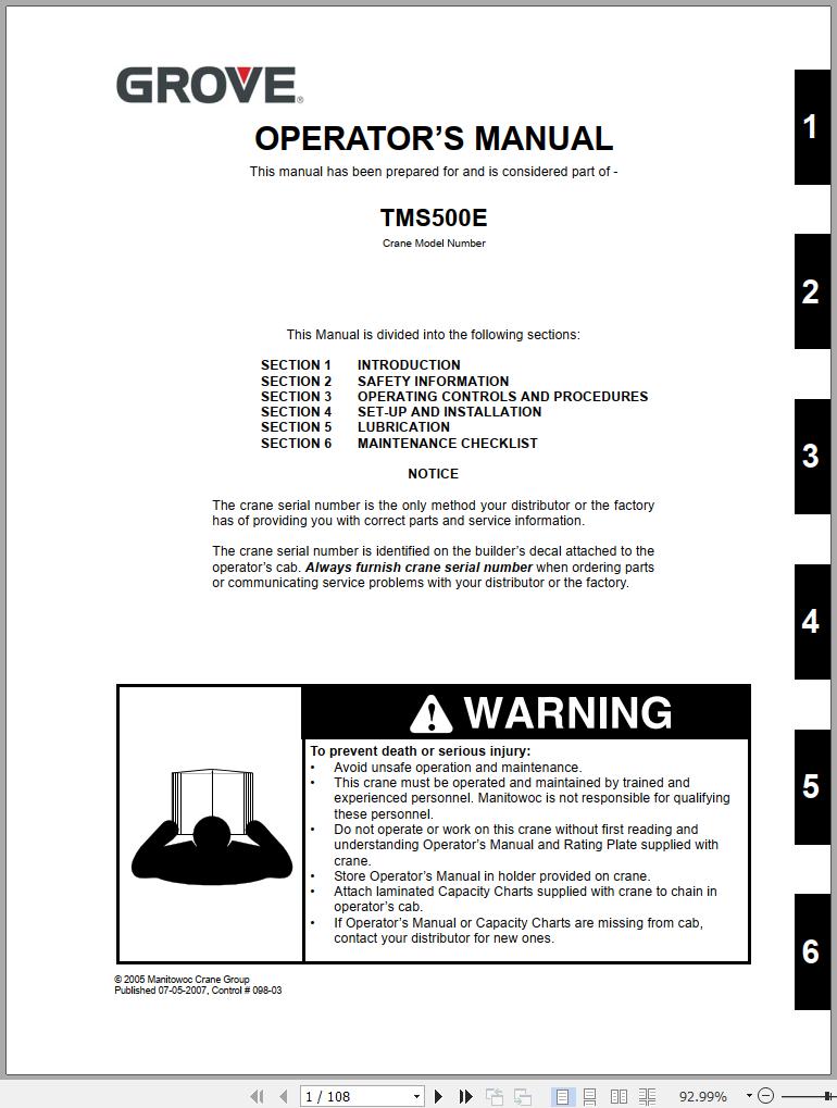 Grove Crane TMS500E Operator Manual and Schematics