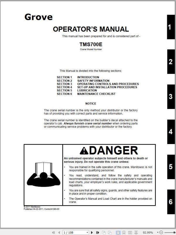 Grove Crane TMS700E Operator Manual and Schematics
