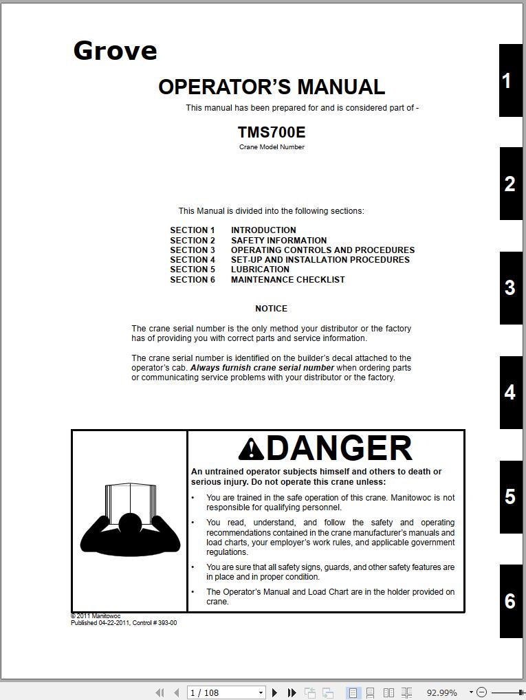 Grove Crane TMS700E Operator Manual and Schematics